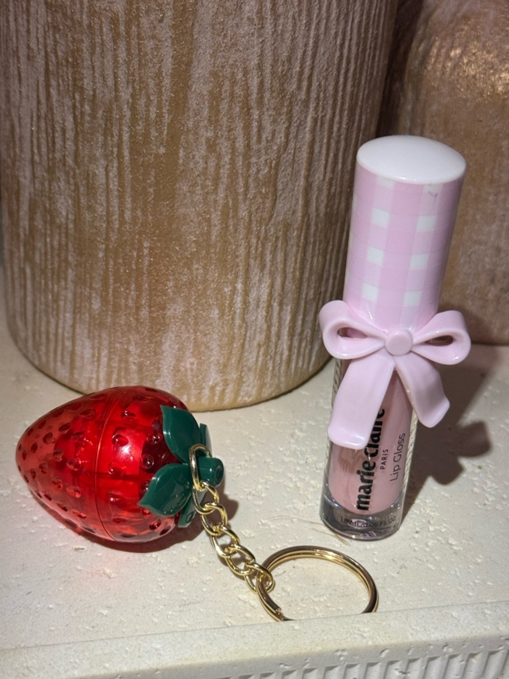BUNDLE ME!!! Pink Bow Lip Gloss + Strawberry Keychain